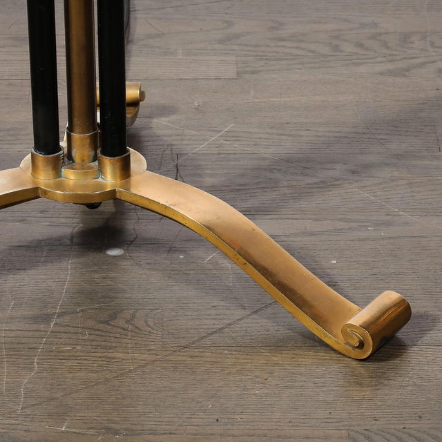 Art Deco Scroll Form Base Machine Age Cylindrical Vitrolite & Bronze Floor Lamp For Sale - Image 9 of 18