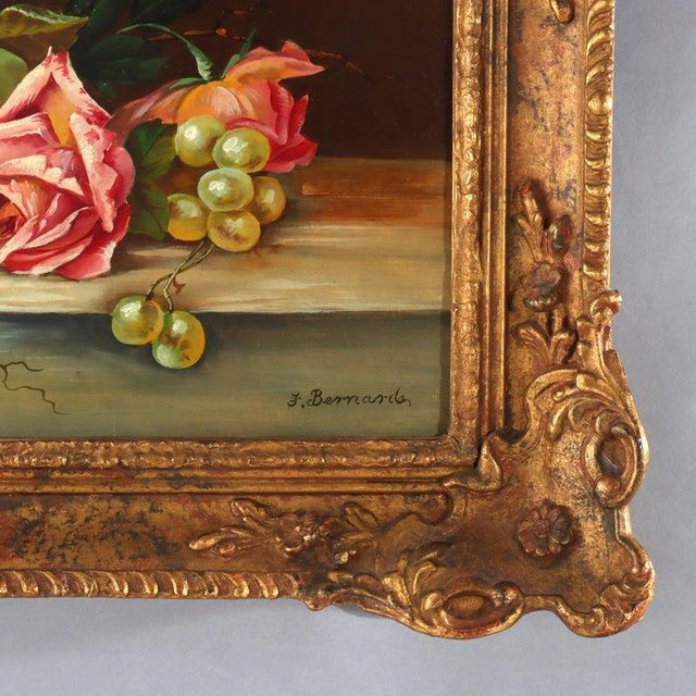 Oil on Board Floral Still Life Painting of Roses & Grapes by J. Bernard C1920 For Sale - Image 4 of 7