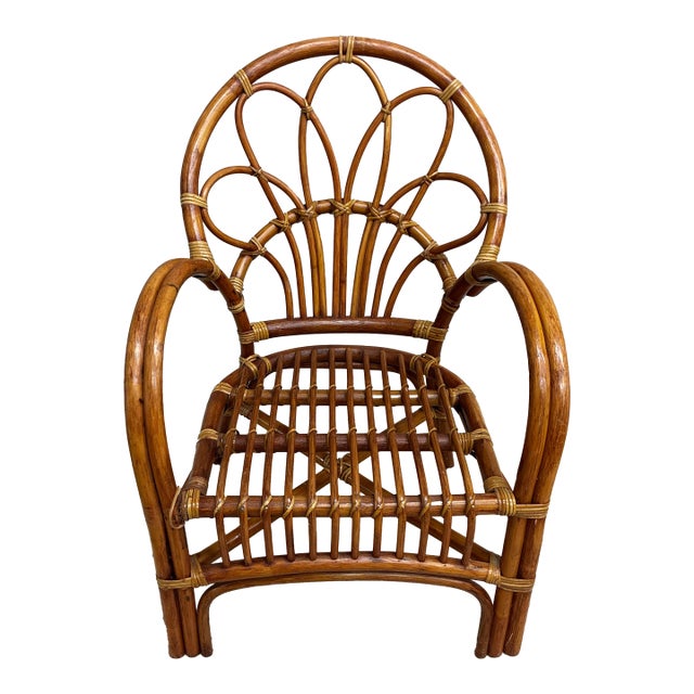 1960s Mid-Century Pencil Reed Rattan and Bamboo Fan Back Chair For Sale