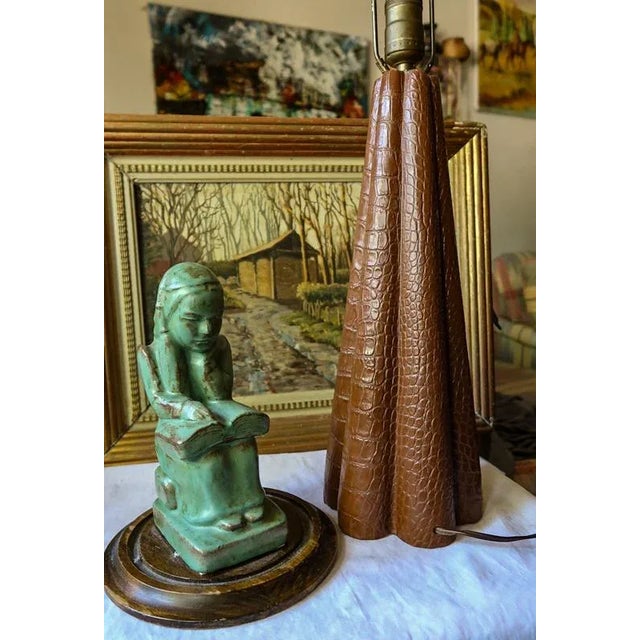 1940s Table Lamp Embossed Leather and Brass Attributed to Paul Dupré-Lafon For Sale - Image 10 of 11