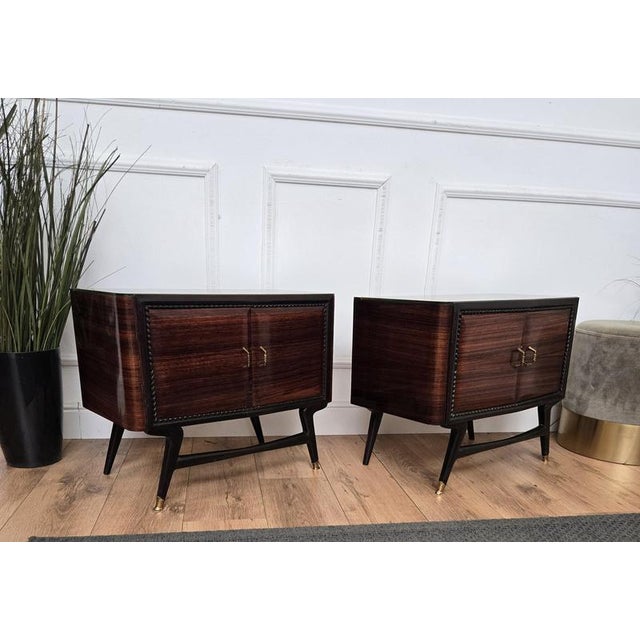 Metal Mid-Century Italian Art Deco Walnut Nightstands with Glass Tops, 1950s, Set of 2 For Sale - Image 7 of 9