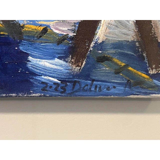 Doliver Morain (1959-), Folk Art Fishing Painting on Canvas, Large Size, Signed & Dated For Sale - Image 4 of 4