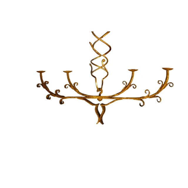Metal Italian Mid Century Art Nouveau Forged Wrought Iron and Gold Gilt Chandelier For Sale - Image 7 of 8