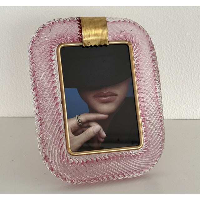 Italian Modern Murano twist glass and brass picture frame, in pink/transparent color. A thick Murano glass picture frame...