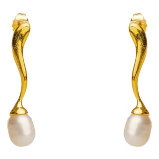 Wave Gold Vermeil Pearl Drop Statement Earrings, A Pair For Sale