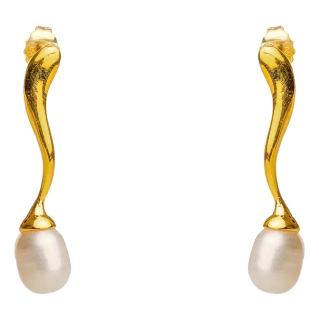 Wave Gold Vermeil Pearl Drop Statement Earrings, A Pair For Sale