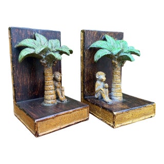 Vintage Hand-Painted Monkey & Palm Tree Bookends, Pair For Sale