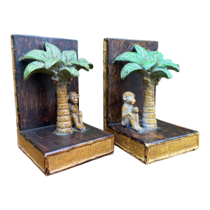 Vintage Hand-Painted Monkey & Palm Tree Bookends, Pair