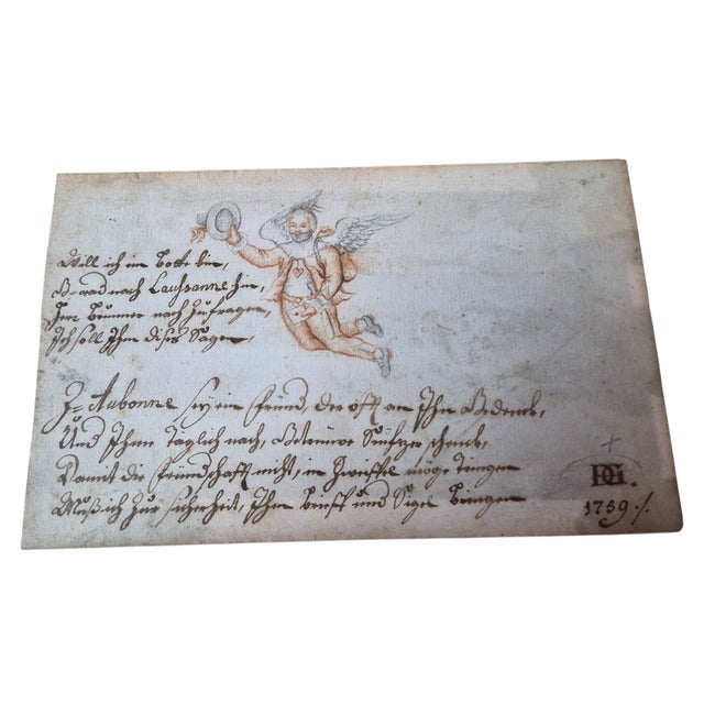 The drawing depicts a putto or small angel-like figure, possibly representing a traveler, with a hat in hand and small...