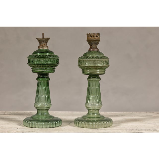 Glass Green Glass Gas Lights with Meander Friezes, a Vintage Near Pair For Sale - Image 7 of 12
