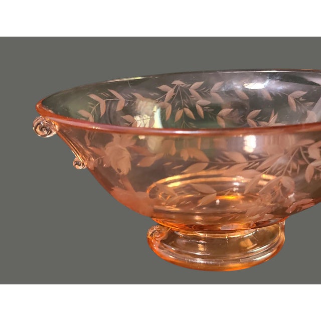 Early 20th Century Vintage Deco Depression Glass Imperial Pink Cut Floral Oval Footed Center Bowl For Sale - Image 5 of 9
