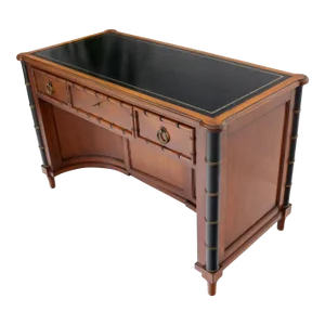 Faux Bamboo Black Leather Top Mahogany Desk with Curved Bottom Doors Compartment