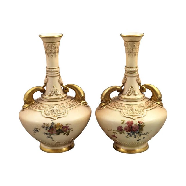 Blush Ivory Dolphin Handled Vases from Royal Worcester, 1900s, Set of 2 For Sale - Image 3 of 9