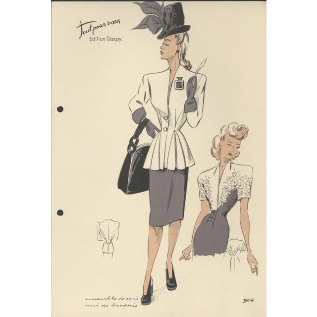 1940s Set of 4-1940s Mid-Century French Fashion Croquis For Sale - Image 5 of 6