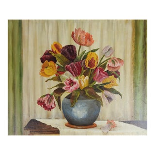 Early 20th Century Tulip in Blue Vase Still Life Painting For Sale