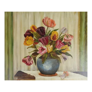 Early 20th Century Tulip in Blue Vase Still Life Painting