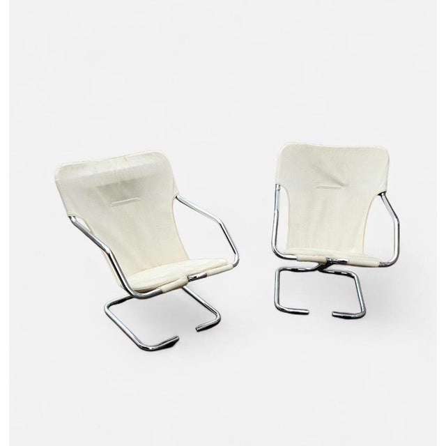 Cream Tubular Chrome Cantilever Chairs with Cream Canvas Slings, Set of 2 For Sale - Image 8 of 11