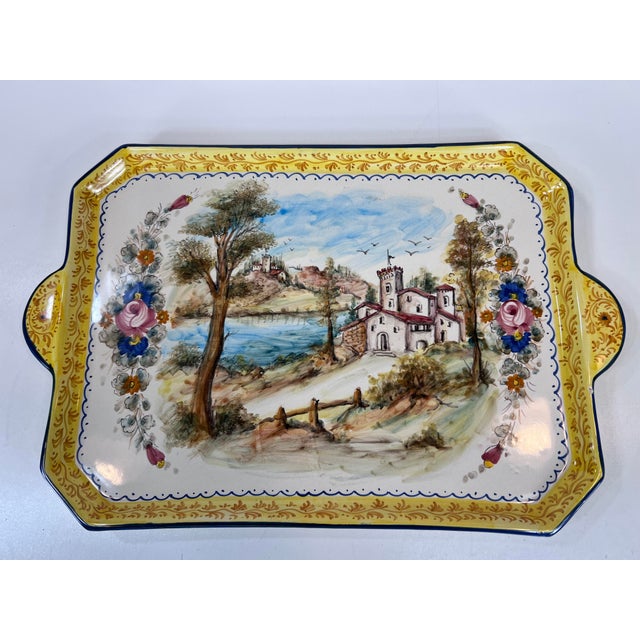 Italian Tray Dipinto A. Mano Pottery Hand-Painted Ceramic Serving Tray or Plate With Handles, Landscape Scene With Building & Water, Trees For Sale - Image 9 of 12