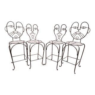 John Risley Style Wrought Iron Faces Bar Stools - Set of 4 For Sale