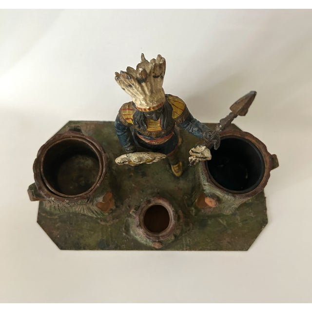 Antique Figural Native American Cold Painted Spelter Smoking Desk Set For Sale - Image 4 of 10