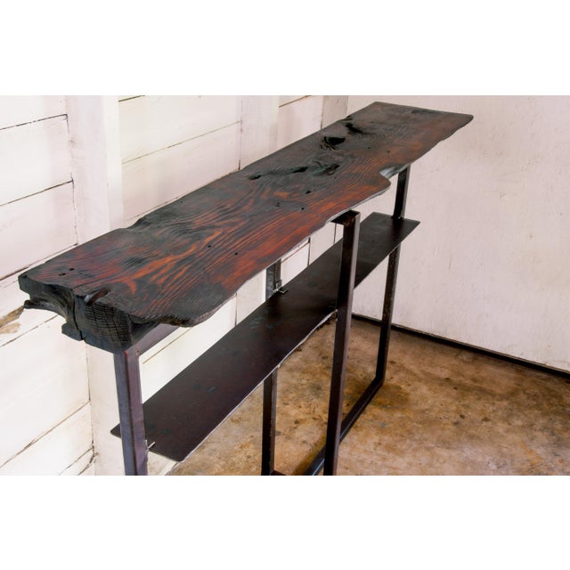 Contemporary Artisan Made Organic Modern Shou Sugi Ban Long-Leaf Pine Welded Metal Console For Sale - Image 3 of 12