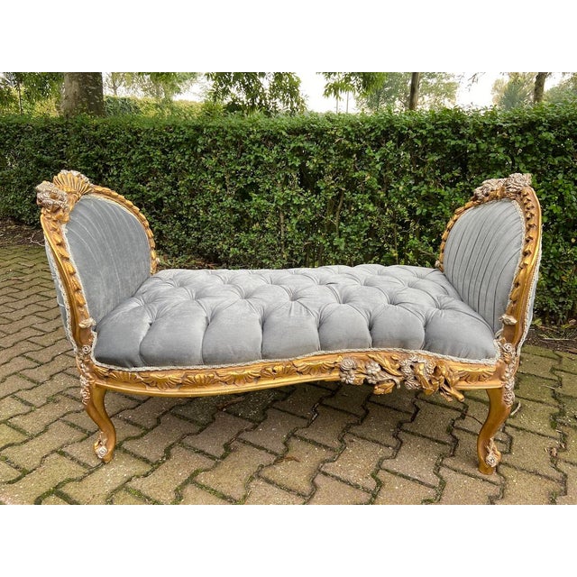 Late20C French Louis XVI Gold Gray Velvet Settee-1Pc For Sale - Image 13 of 13