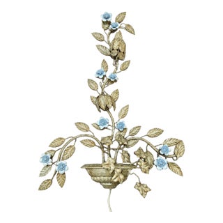 Vintage Italian Florentine Style Tole Metal Leaf Flowers Wall Sconce For Sale