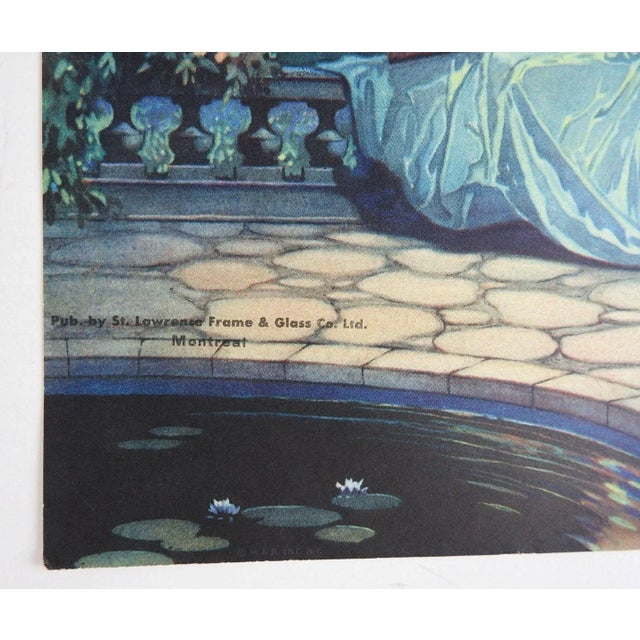 Vintage circa 1930's print on paper of a romantic couple in Georgian dress, chinese lanterns by fountain. Published by St....