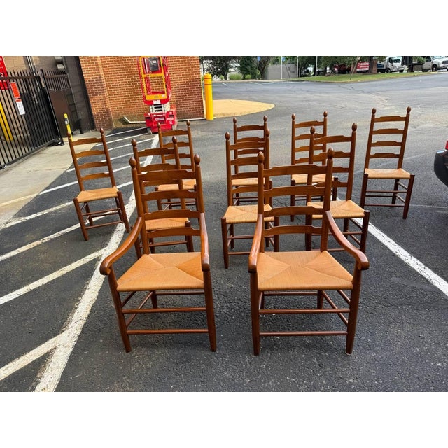 Clore Furniture Set of Ten Shaker Style Walnut Rush Seat Ladder Back Dining Chairs. Solid wood frame, sturdy and...