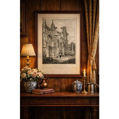 Antique Gothic Church Architecture Lithograph, Samuel Prout, Arques France, 1821 This atmospheric early 19th-century...