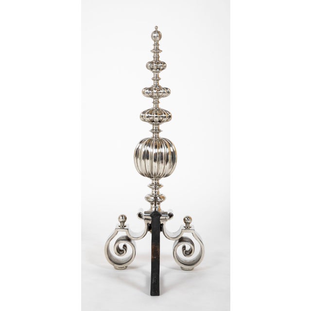 Silver Pair Dutch Baroque Style Polished Steel Andirons For Sale - Image 8 of 8