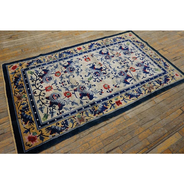 1930s White Foo Dog Traditional Antique Chinese Silk Carpet 4' X 7' Handknotted Rug For Sale In New York - Image 6 of 15