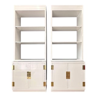 1970s Henredon Campaign White Lacquer Bookcase Set of 2 For Sale