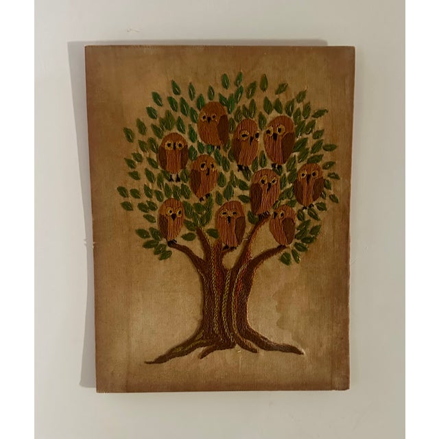 Mid-Century Modern Folk Art Owls Family Tree of Life Embroidery Handmade Vintage Danish Modern For Sale - Image 3 of 6