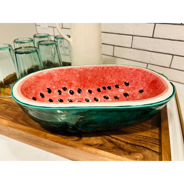 Vintage Watermelon Glazed Pottery Serving Bowl - Green Red Oval Bowl For Sale - Image 11 of 11