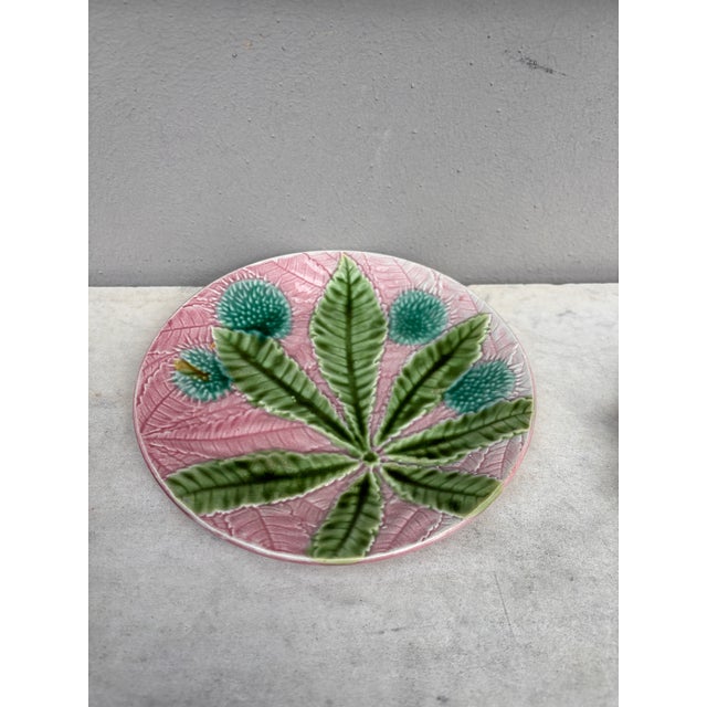 Majolica chestnut leaves plate Salins, circa 1880, on a pink background.