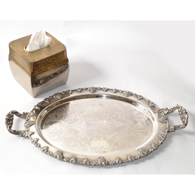 Heavy 1930s N. Silver Company Old English Silver on Copper Serving Platter. Features a rich embossed grapevine motif along...
