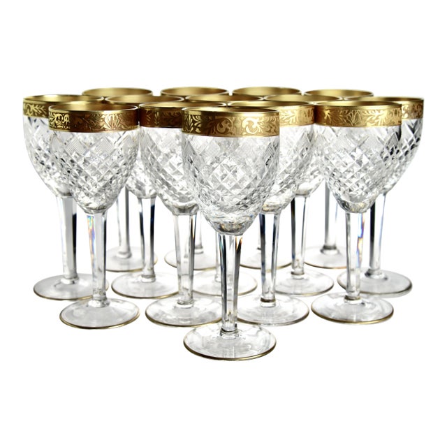 1920s Gilt Etched Cut Crystal Goblets- Set of 14 For Sale