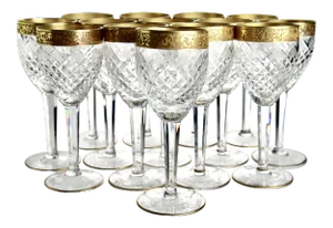 1920s Gilt Etched Cut Crystal Goblets- Set of 14