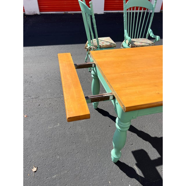 Farmhouse Two-Tone Dining Table With 6 Mint Green Windsor Chairs For Sale - Image 11 of 12