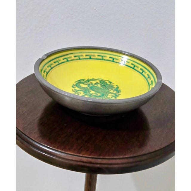 Chinoiserie Dragon Porcelain Cloisonné Enamel Pewter Ashtray Bowl – Vintage Asian Decorative Collectible For Sale - Image 3 of 8