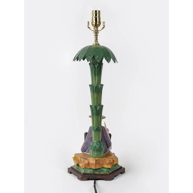 Metal Vintage Chinoiserie Tole Palm Tree Lamp With Man Sitting Under Tree For Sale - Image 7 of 11