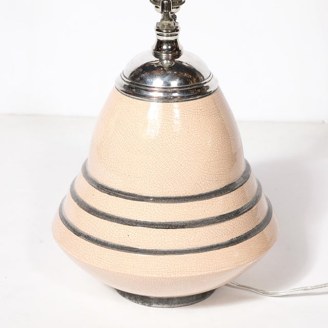 Cream Art Deco Machine Age Craquelure Cream Ceramic Table Lamp Signed Marcel Guillard For Sale - Image 8 of 17