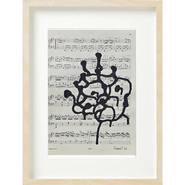 14.6" by 17.3" Natural Wood Shadow Box Framed Original Drawings 'Black and White Floral Abstractions on Music Score Sheets' #4 - Wall Gallery For Sale - Image 4 of 11
