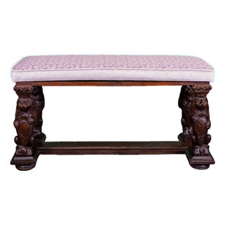 19th C English Oak Heraldic Hall Bench With Fortuny Upholstered Cushion For Sale