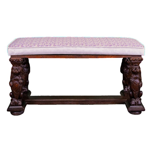 19th C English Oak Heraldic Hall Bench With Fortuny Upholstered Cushion For Sale