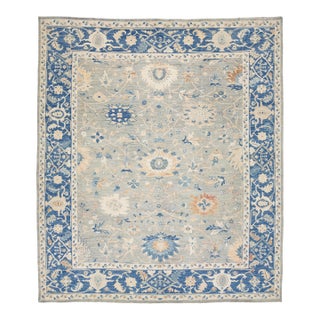 Modern Oushak Style Hand-Knotted Wool Rug - Slate Blue & Cream Floral For Sale