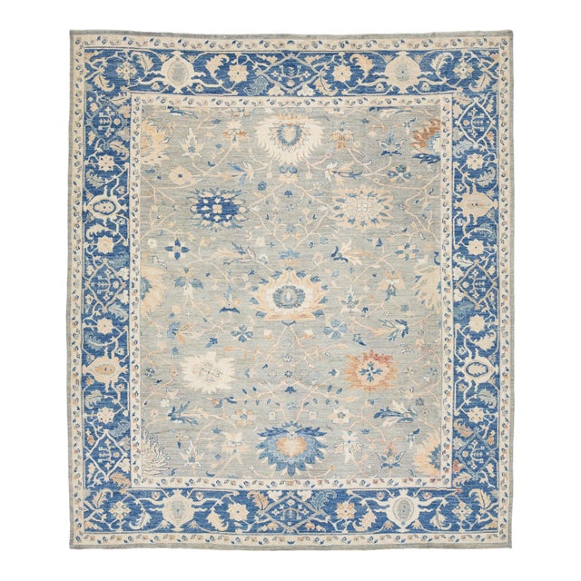 Modern Oushak Style Hand-Knotted Wool Rug - Slate Blue & Cream Floral For Sale
