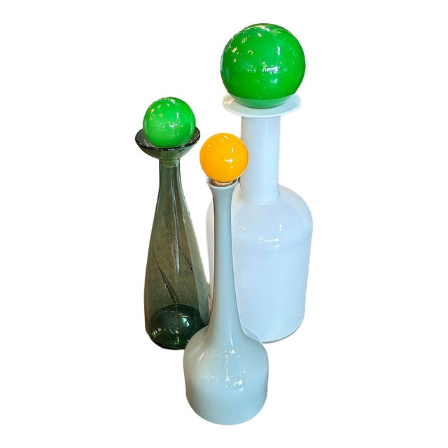 Large 1960s Otto Brauer Style Glass Bottles With Spherical Glass Stoppers- Set of 3 For Sale