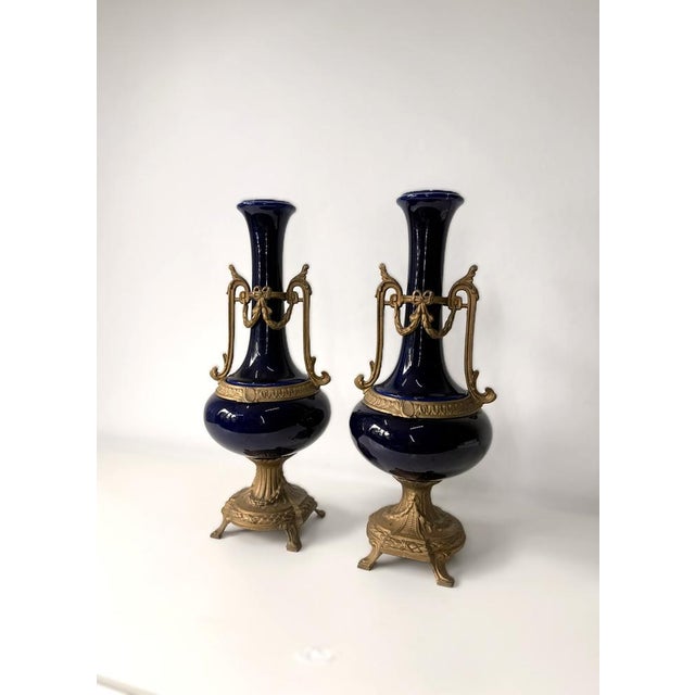 Antique French Cobalt Blue Porcelain Vases, Set of 2 For Sale - Image 5 of 10